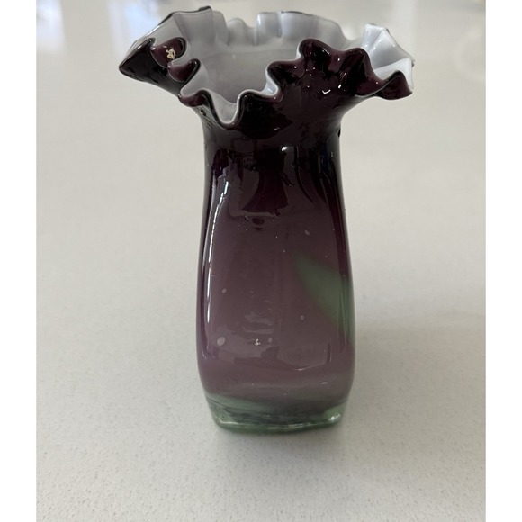 Vintage Handblown Splatter Vase Ruffled Purple Green White Accents - Picture 4 of 7